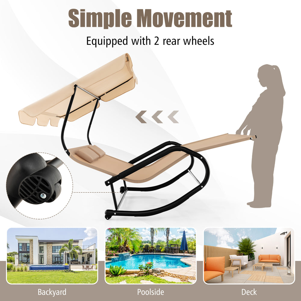Outdoor rocking chaise lounge with canopy and wheels in beige, featuring ergonomic design for two, ideal for poolside.
