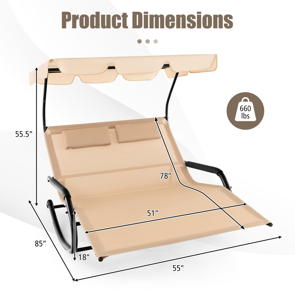 Product dimensions of the Outdoor 2 Persons Rocking Chaise Lounge with Canopy, featuring a spacious 78" x 51" area for.