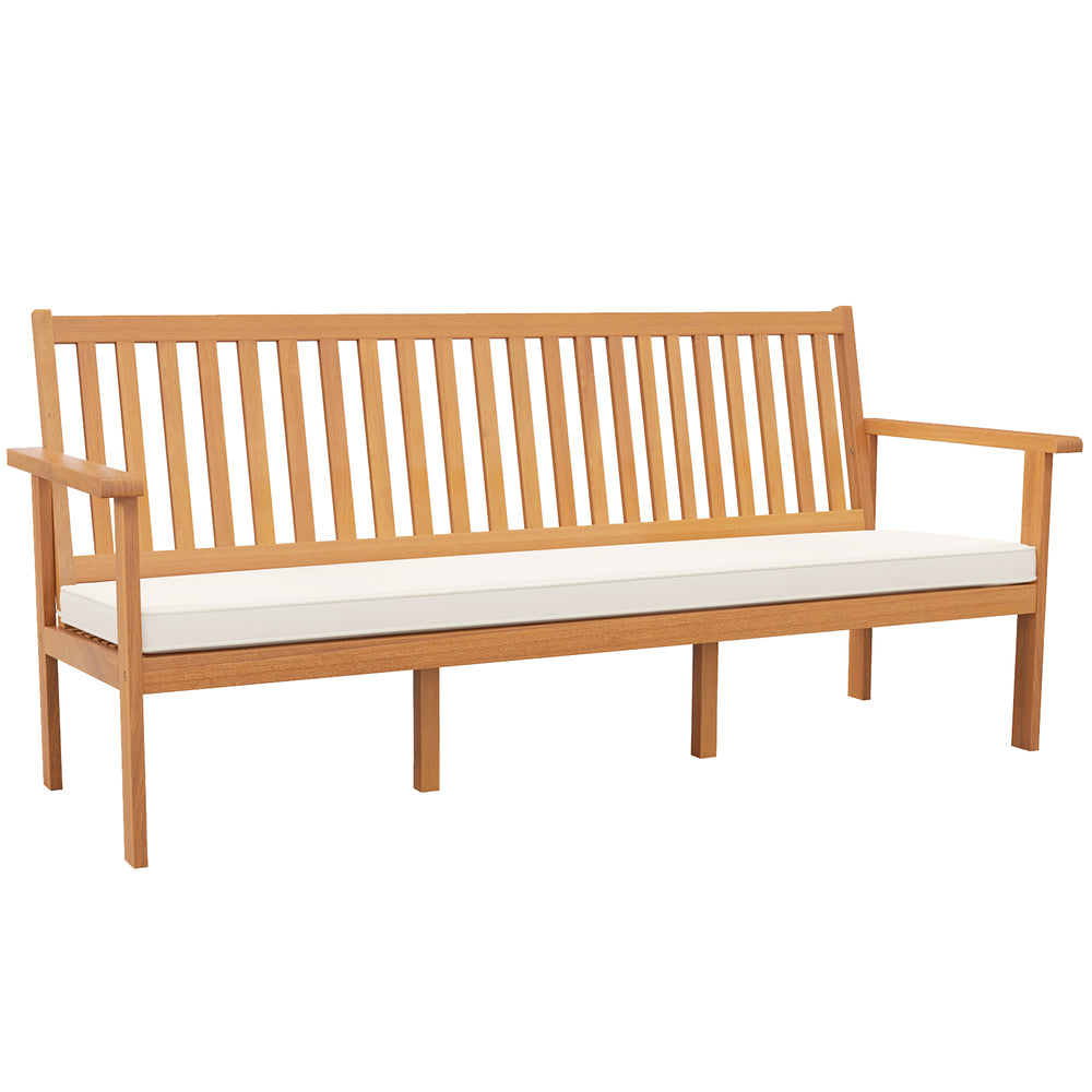 Outdoor 3-seat wood bench in acacia with white cushion, designed for comfort and stability in gardens or backyards.