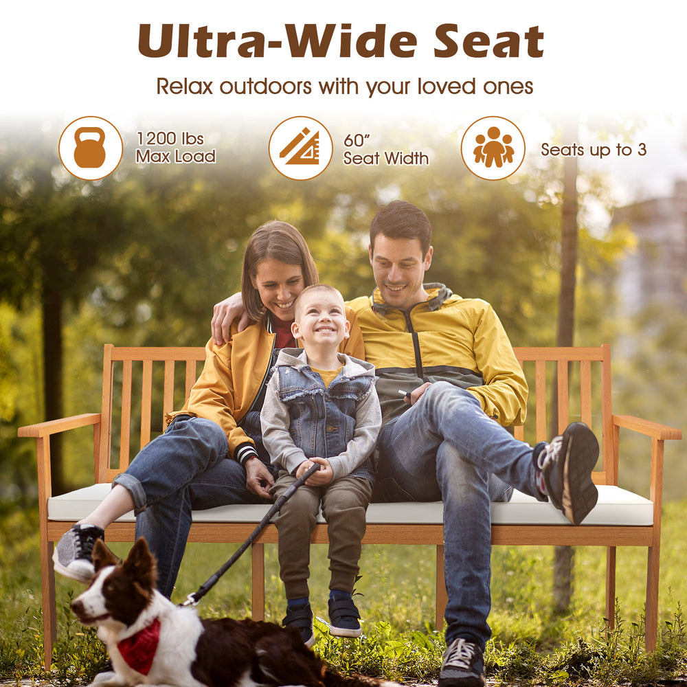 Outdoor 3-seat wood bench with soft cushion, slatted design, and ergonomic seat for garden or backyard relaxation.