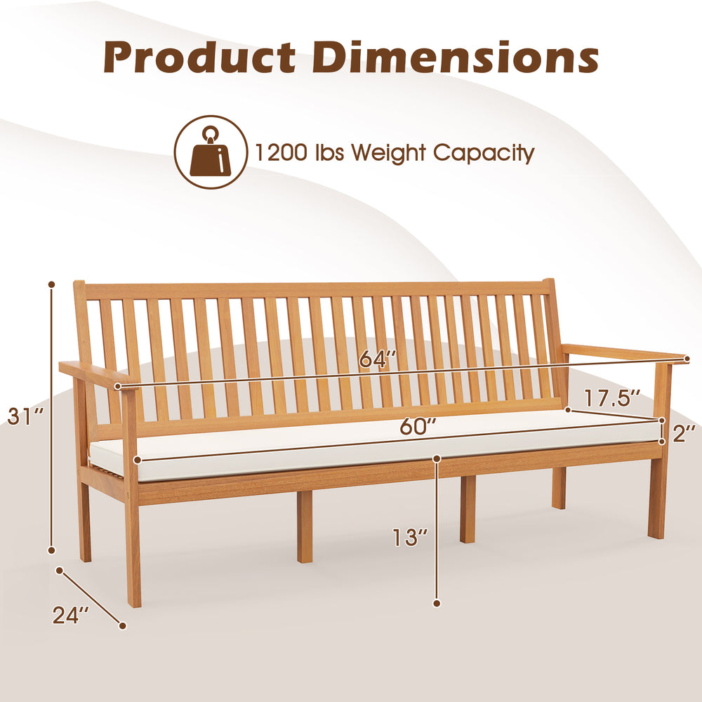 Outdoor 3-seat wood bench with white cushion, featuring slatted design and 1200 lbs capacity, ideal for garden use.