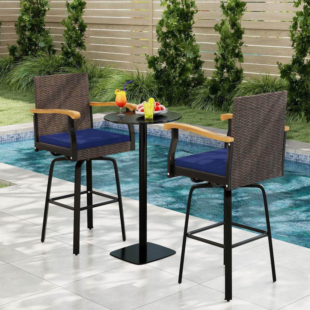 Outdoor 360° Swivel Bar Stool with Cushion and Acacia Wood Armrests-F-Navy - Gallery View 1 of 10