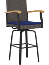 Outdoor 360° swivel bar stool with navy cushion and acacia wood armrests, perfect for backyard or poolside relaxation.