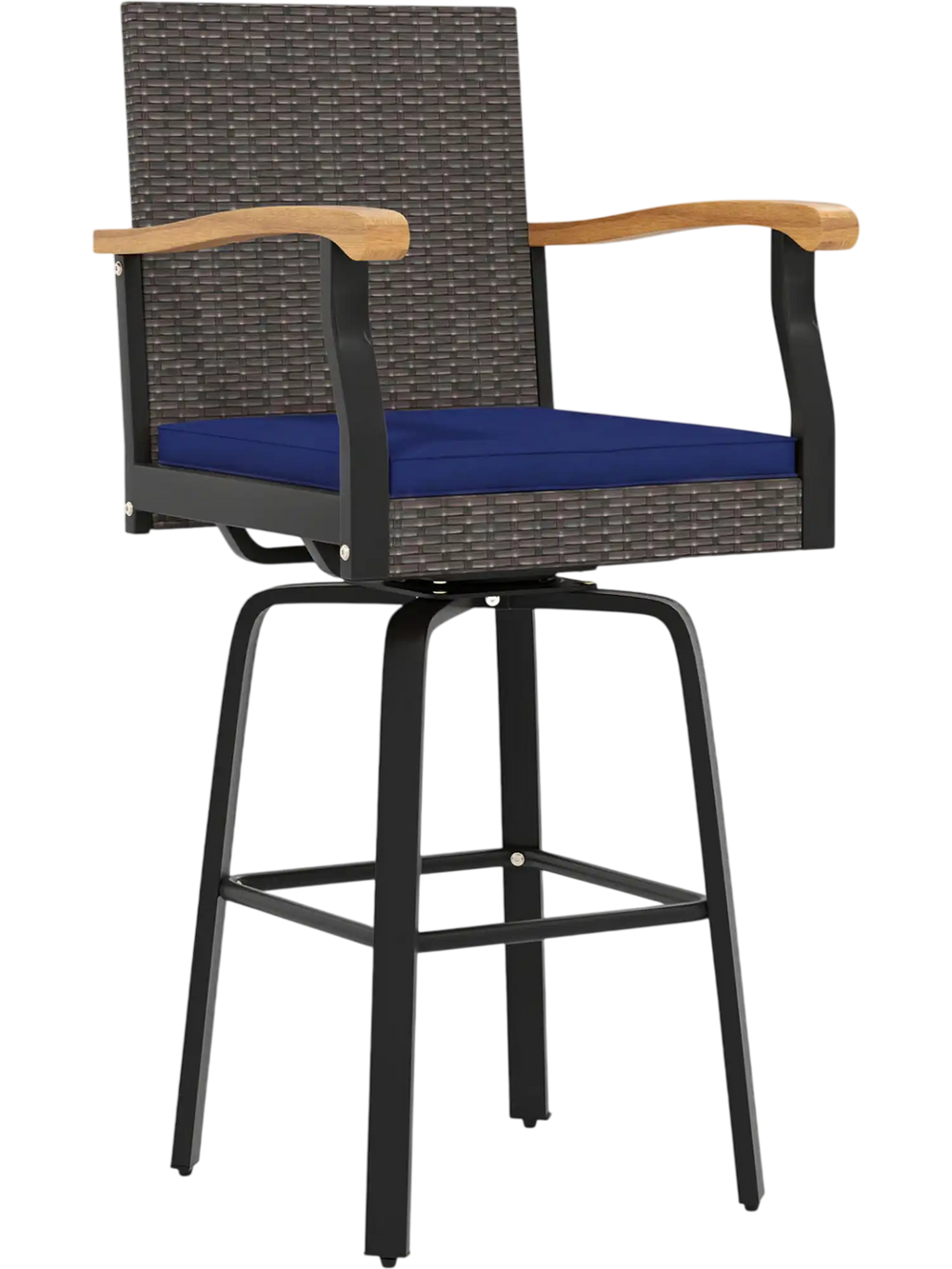 Outdoor 360° swivel bar stool with navy cushion and acacia wood armrests, perfect for backyard or poolside relaxation.
