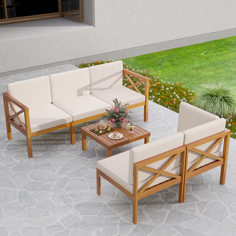 Outdoor 6-piece acacia wood patio sectional set with off-white cushions, perfect for garden and backyard relaxation.
