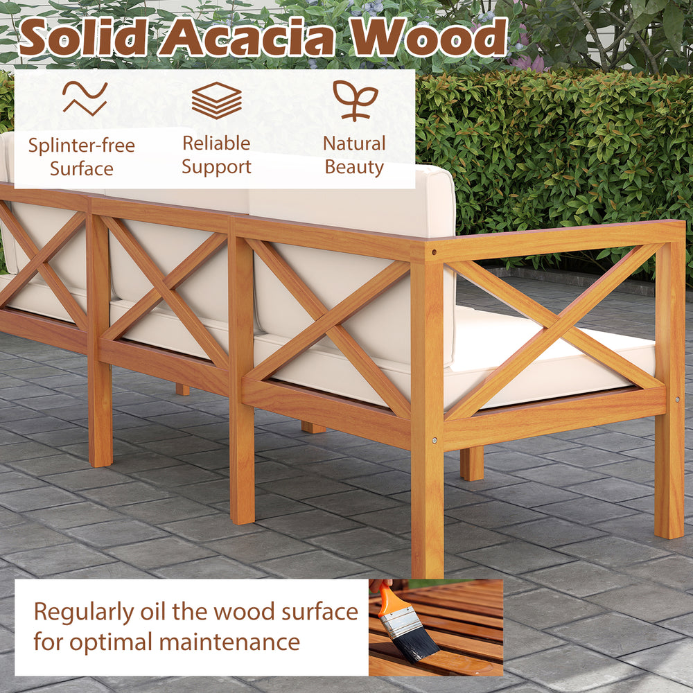 Acacia wood patio sectional furniture set with off-white cushions, ideal for outdoor relaxation and versatile.