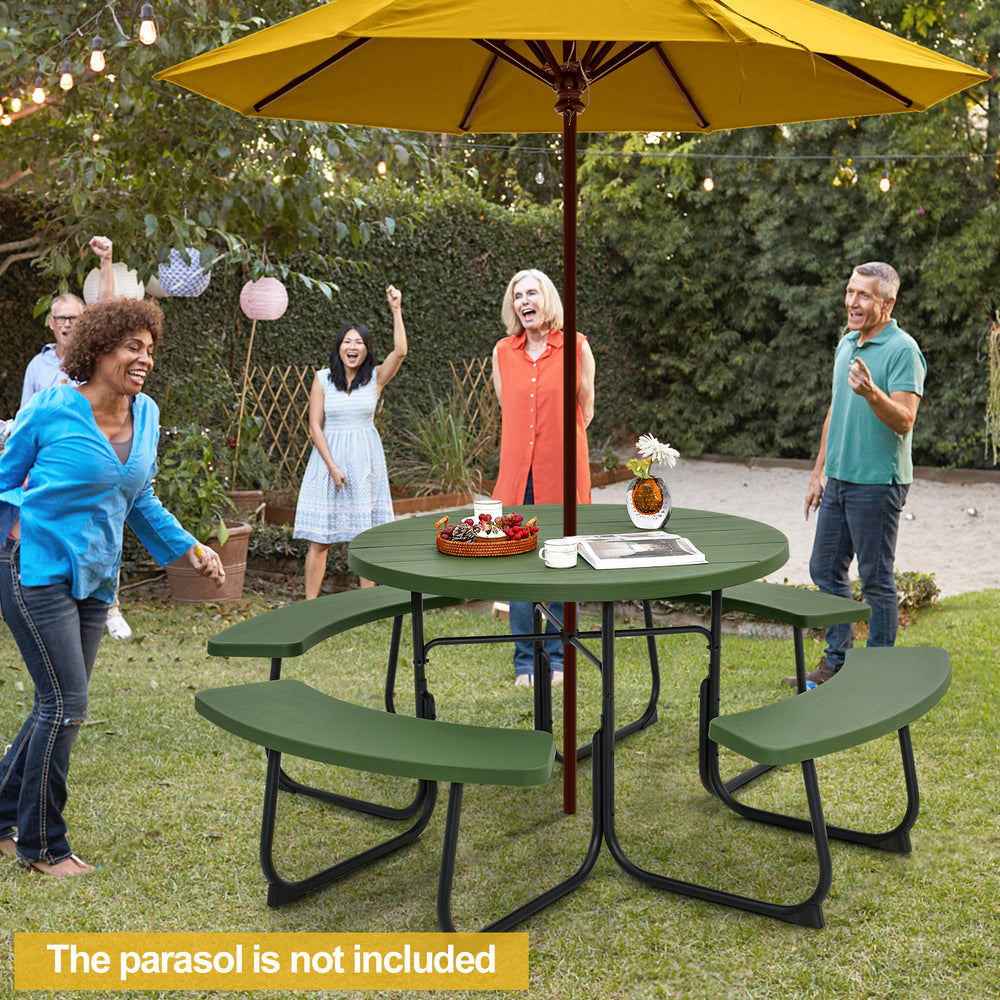 8-Person Outdoor Picnic Table and Bench Set with Umbrella Hole-Green - Gallery View 1 of 9