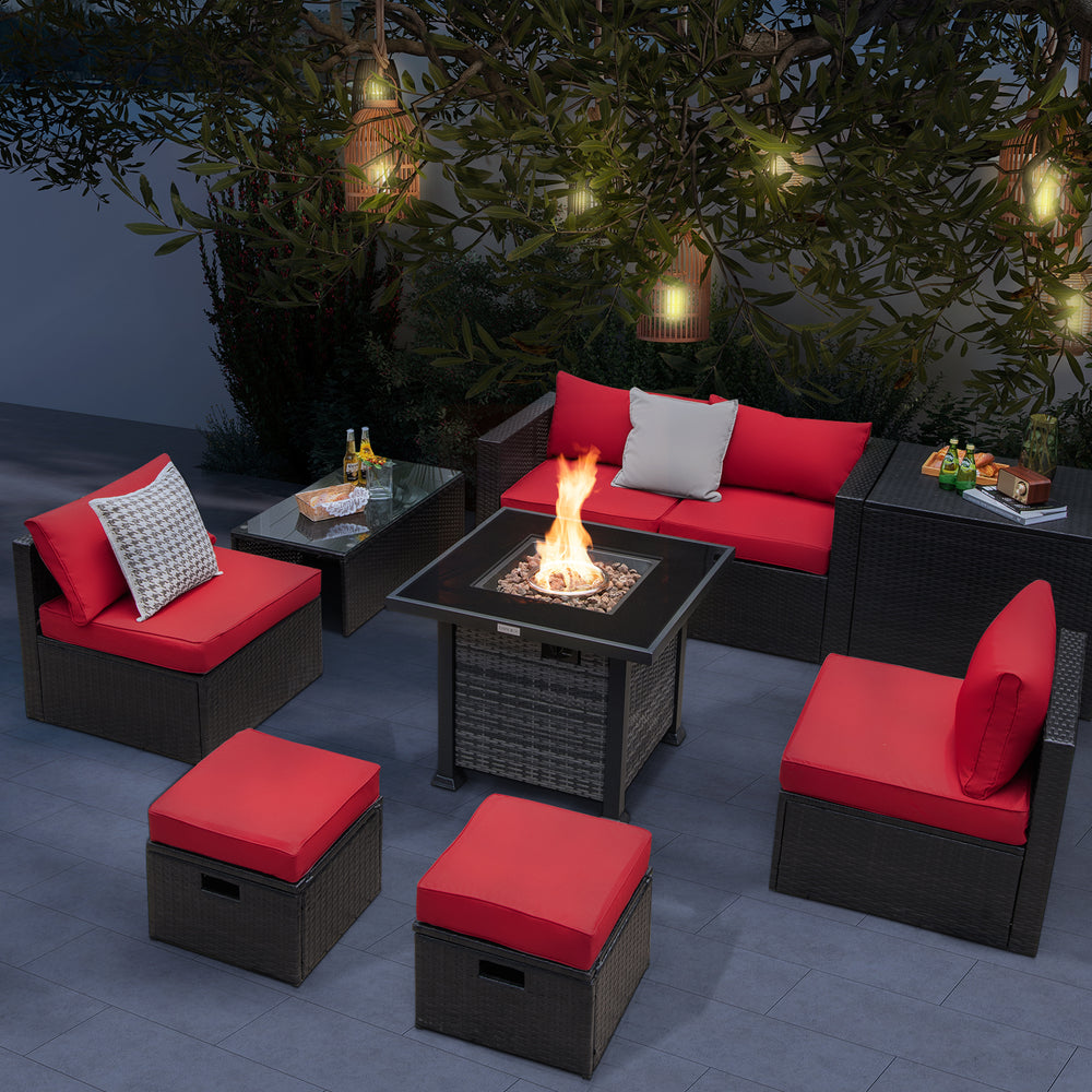Outdoor 9 Pieces Patio Furniture Set with 50,000 BTU Propane Fire Pit Table-Red - Gallery View 1 of 9