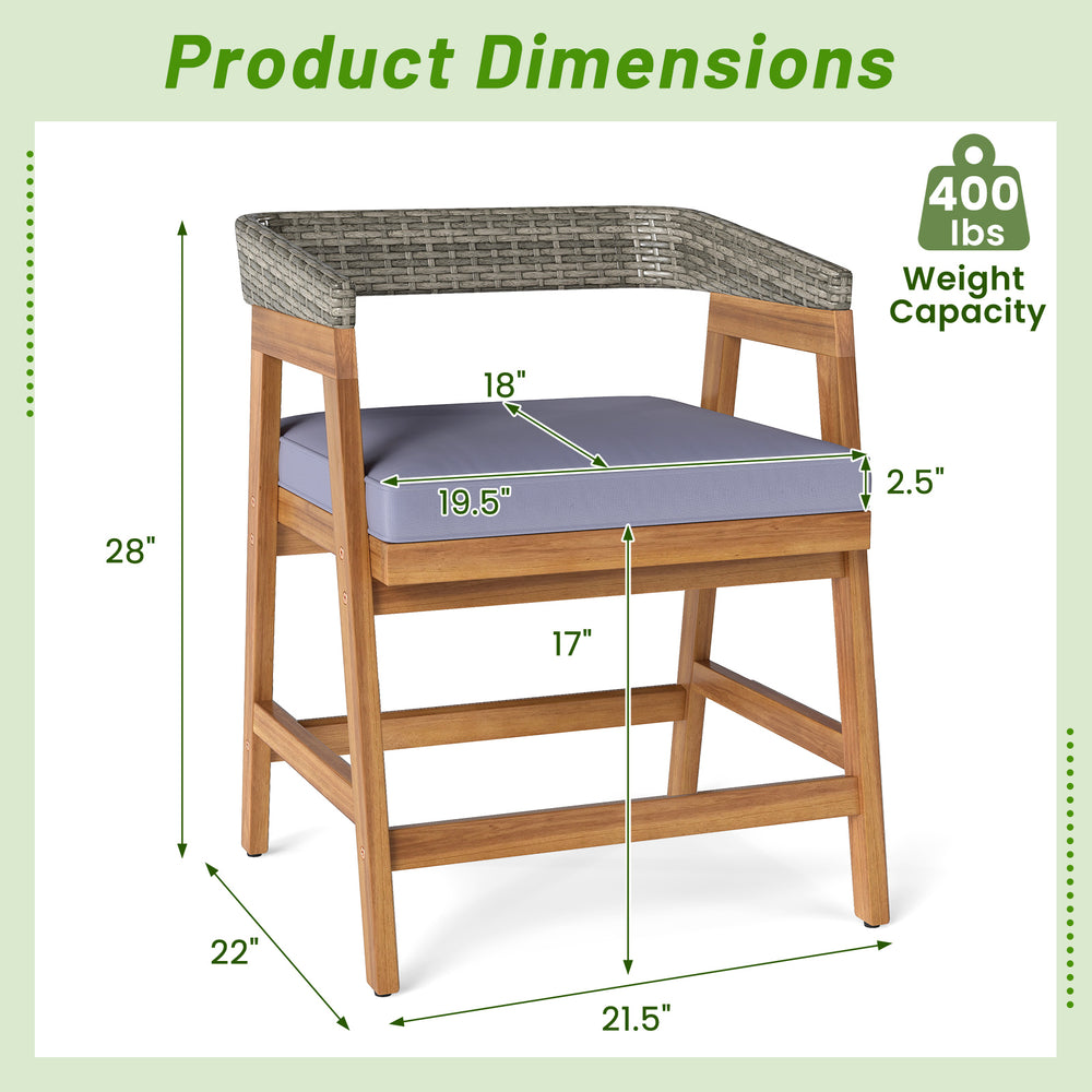 Outdoor acacia wood dining chair with gray seat cushion, featuring ergonomic backrest and sturdy wicker design.