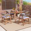 Set of 4 outdoor acacia wood dining chairs with gray wicker and soft cushions, perfect for backyard or poolside dining.