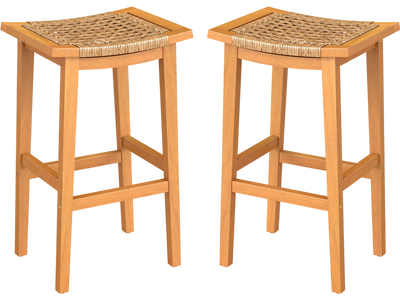 Costway Outdoor Acacia Wood Bar Stools Set of 2 PE Rattan Seats Backrests 82616012 New