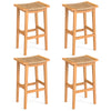 Set of 2 outdoor acacia wood bar stools with PE rattan seats, featuring ergonomic saddle design and footrests for.