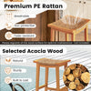 Outdoor acacia wood bar stool with breathable PE rattan seat, featuring ergonomic design and sturdy construction for.