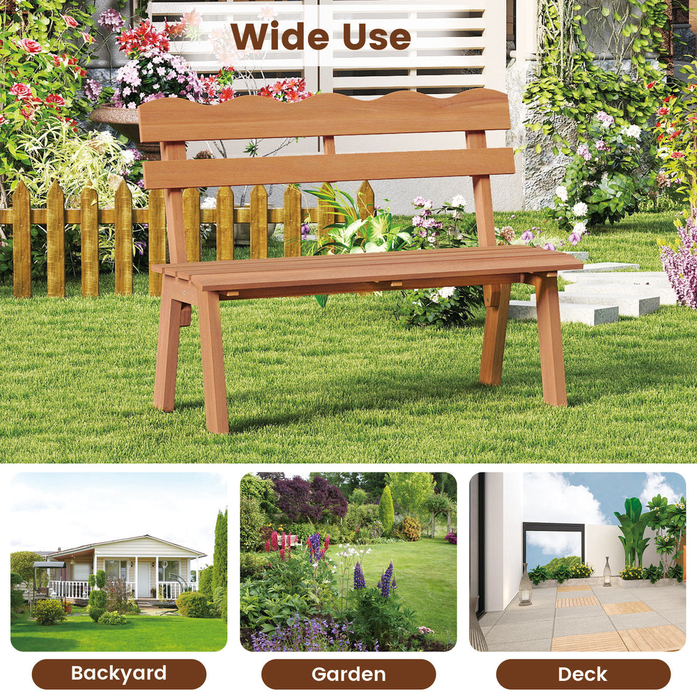Outdoor acacia wood garden bench with ergonomic backrest, 800 lbs capacity, perfect for patio or backyard use.