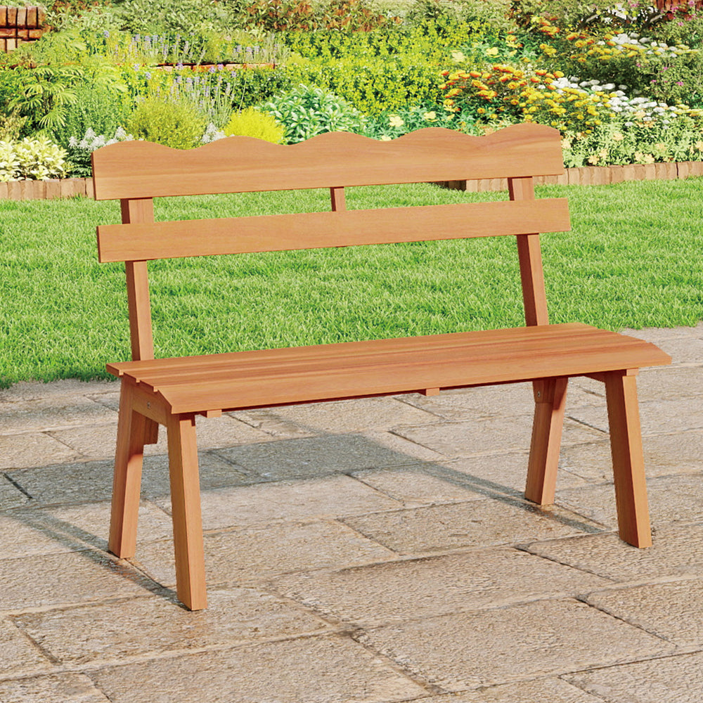 Acacia wood garden bench with waved backrest, ergonomic design, and 800 lbs capacity, perfect for patio or backyard use.