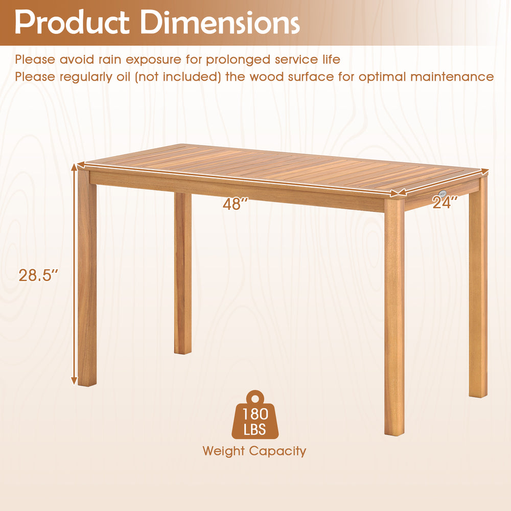 Outdoor acacia wood dining table with slatted tabletop, 48" x 24", accommodates 4-6 people, ideal for patio or garden.
