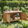 Outdoor acacia wood storage cabinet with faux marble top, featuring rattan doors and spacious shelves for garden tools.