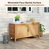 Outdoor acacia wood storage cabinet with faux marble top, featuring rattan doors and spacious shelves for versatile use.