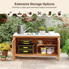 Outdoor acacia wood storage cabinet with faux marble top, featuring spacious shelves for garden tools and accessories.