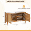 Dimensions of the outdoor acacia wood storage cabinet with faux marble top, showcasing its spacious tabletop and.