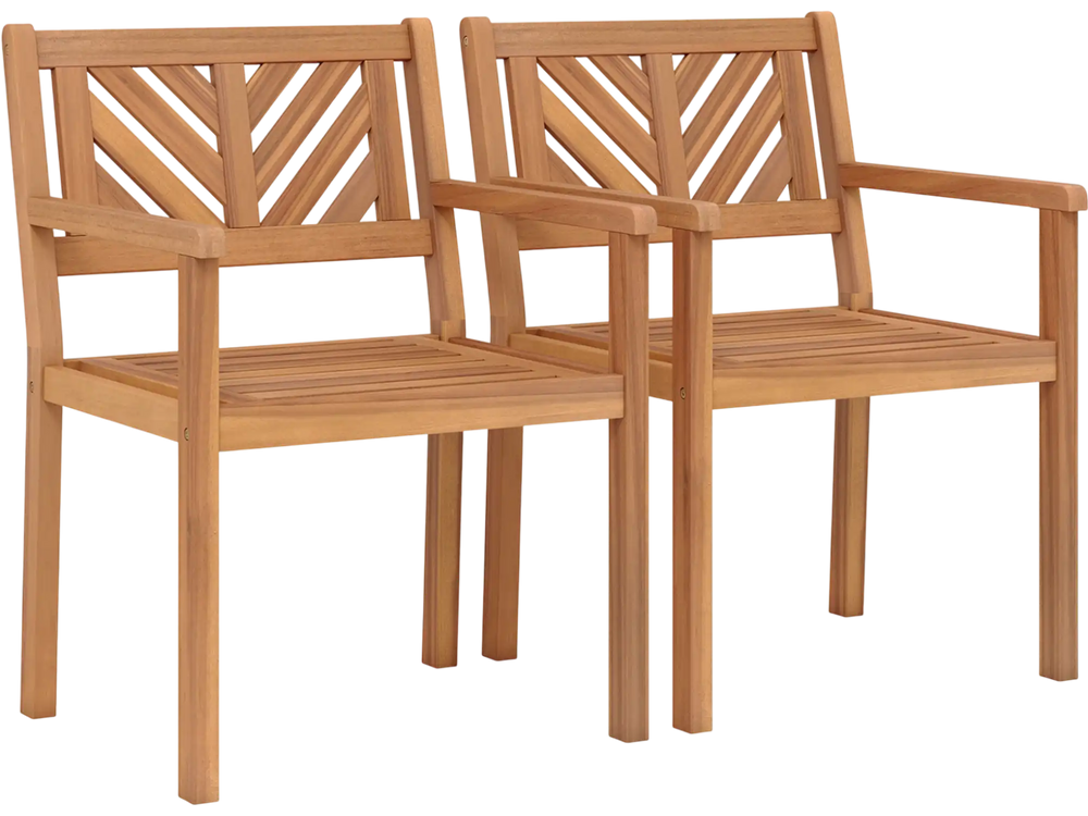 Set of 2 outdoor acacia wood patio dining chairs with ergonomic backrests and wide seats for comfortable garden seating.