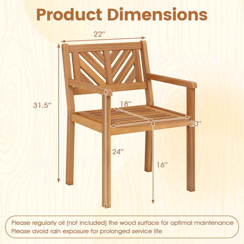 Acacia wood patio dining chair dimensions with ergonomic backrest and smooth armrests, ideal for outdoor seating.