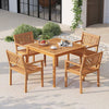 Outdoor acacia wood patio dining set featuring four ergonomic chairs and a square table, perfect for garden seating.