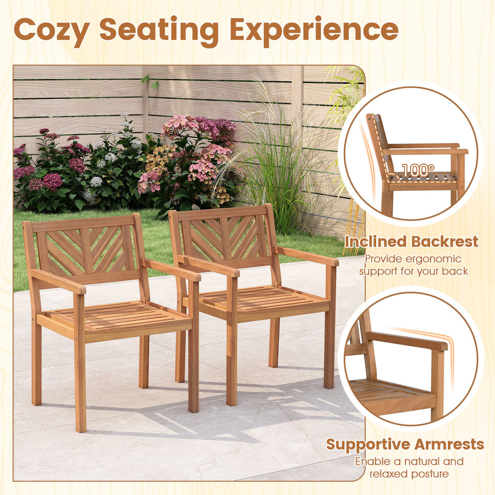 Set of 2 outdoor acacia wood patio dining chairs with inclined backrest and supportive armrests for comfortable seating.