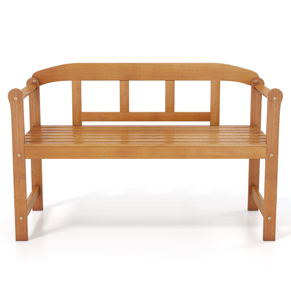 Acacia wood 2-seater garden bench with backrest and angled armrests, ideal for porch or backyard relaxation.