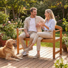 Acacia wood 2-seater patio loveseat with angled armrests, perfect for outdoor relaxation on the porch or backyard.