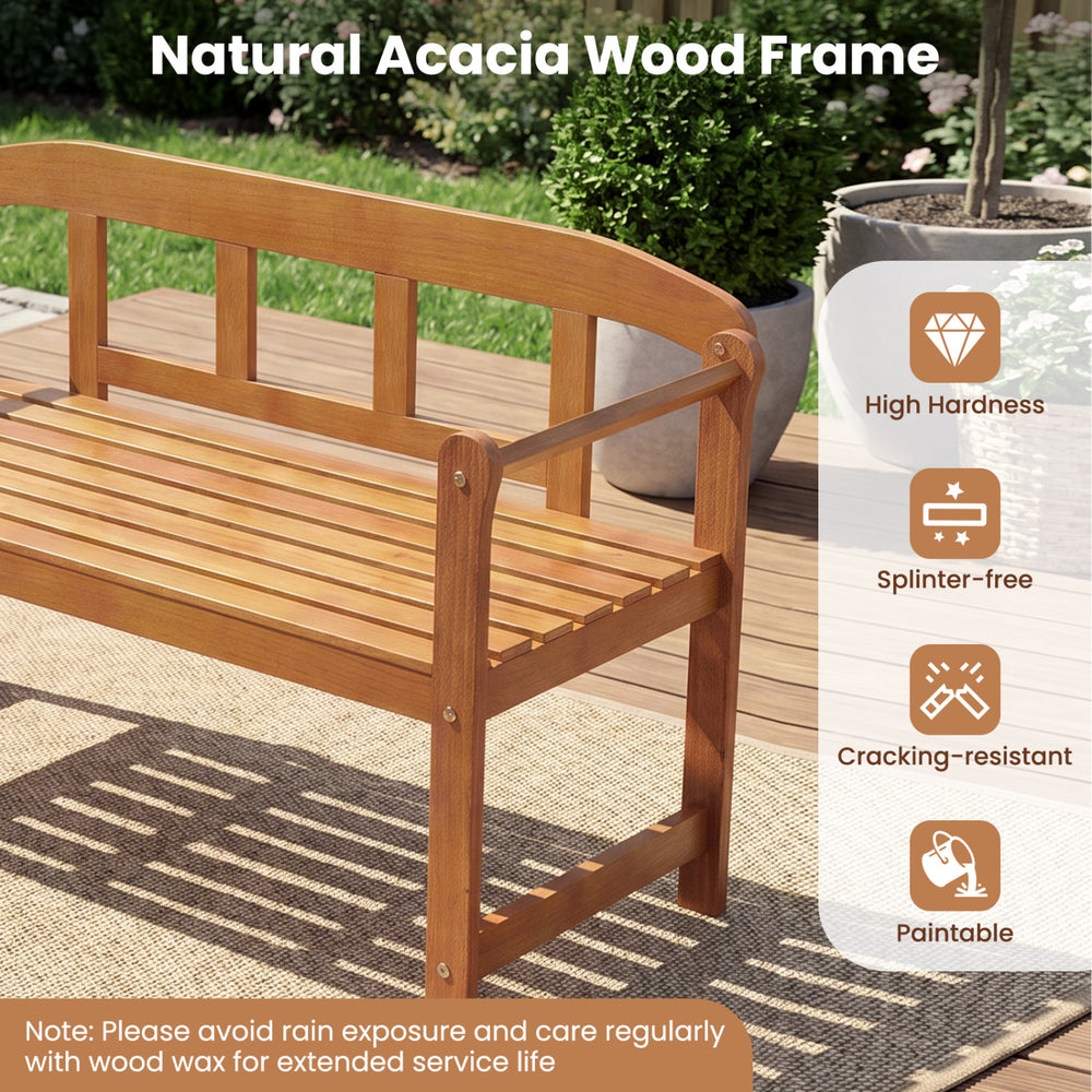 Outdoor acacia wood garden bench with backrest and angled armrests, perfect for porch or backyard relaxation.
