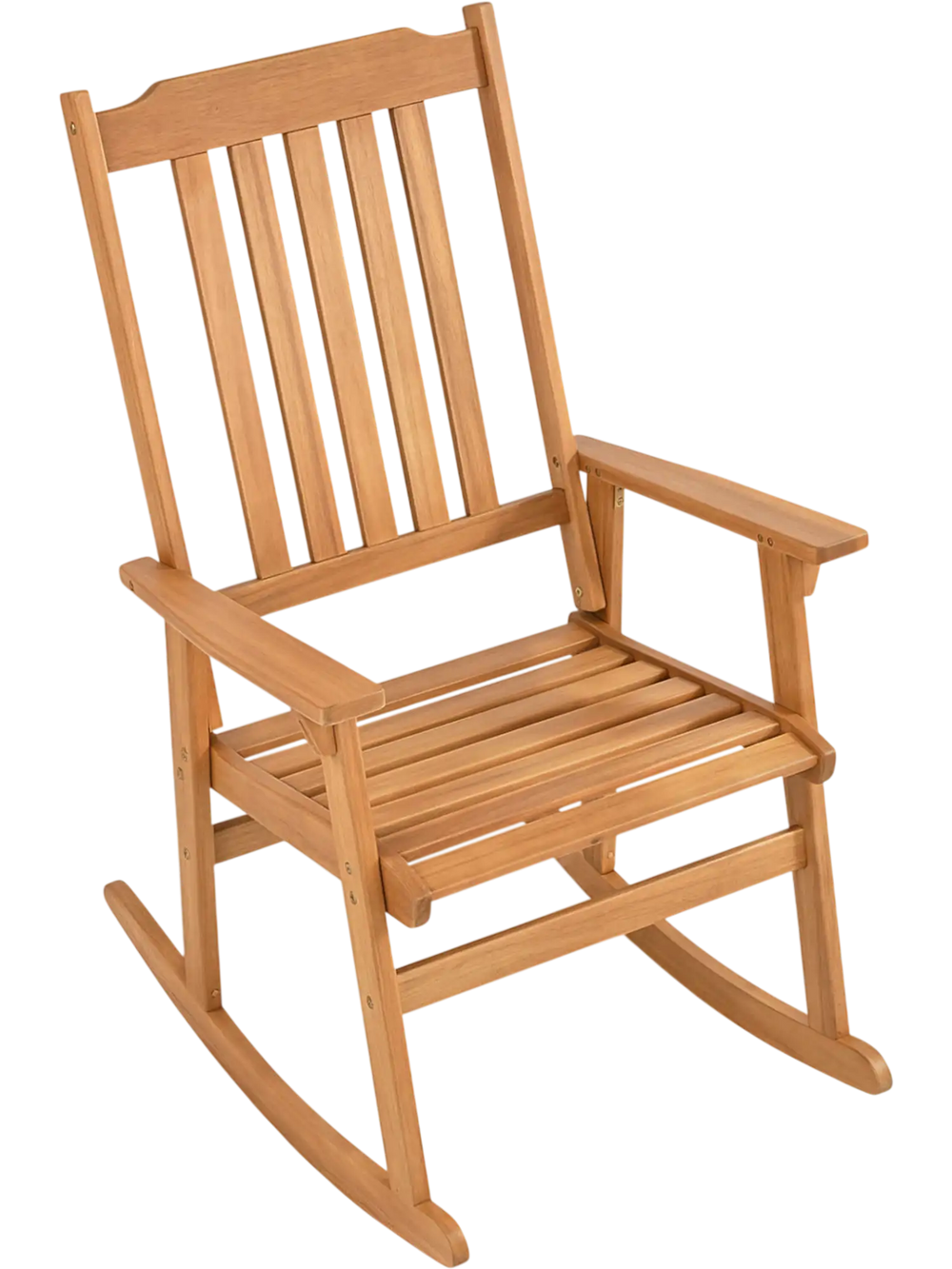 Acacia wood rocking chair with high back and armrests, perfect for outdoor relaxation on patios or gardens.