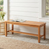 Acacia wood patio bench for 2 features a slatted seat, sturdy design, and adjustable foot pads for stability.