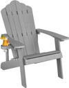 Gray Weather Resistant HIPS Adirondack chair with ergonomic armrests and hidden cup holder, perfect for outdoor.