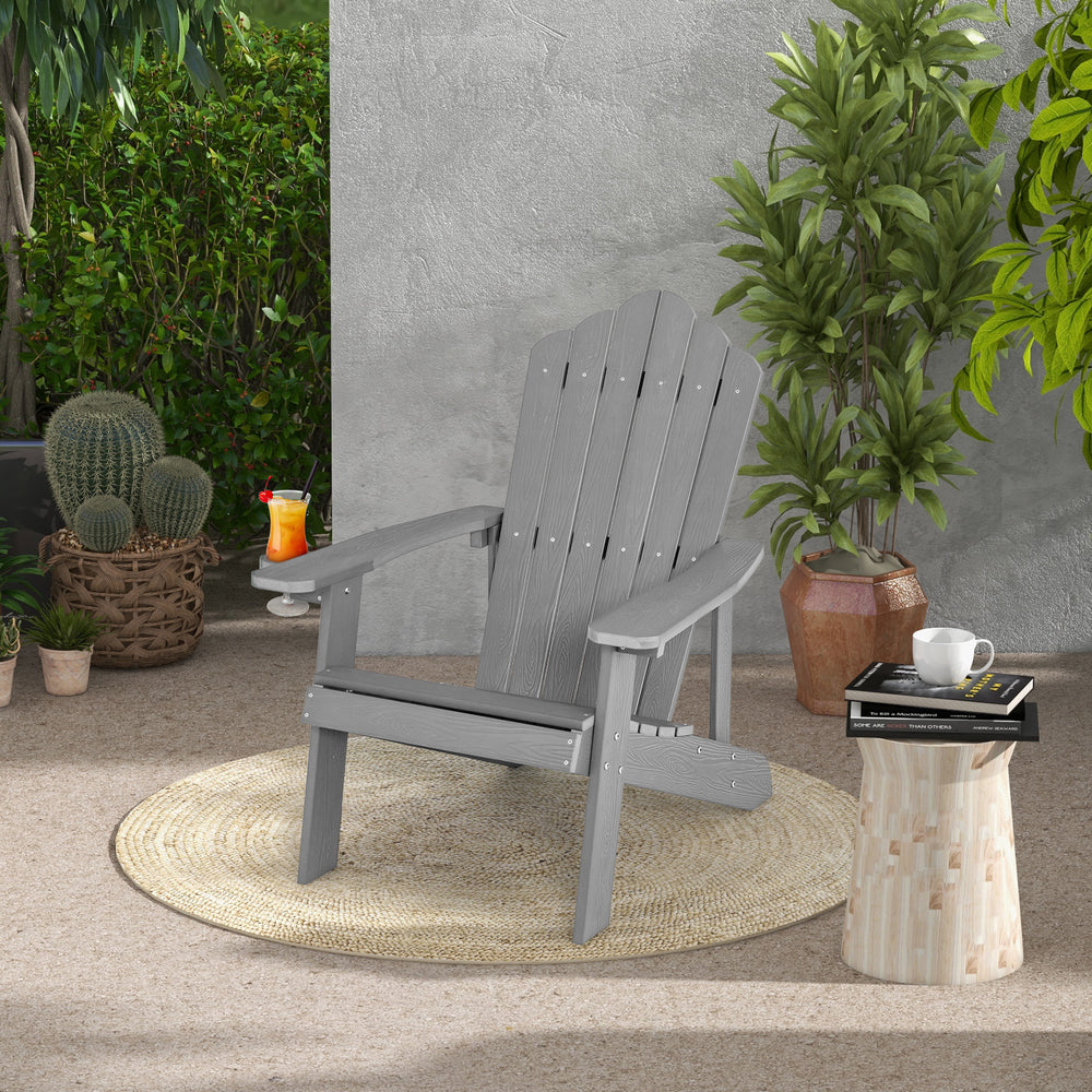 Weather Resistant HIPS Outdoor Adirondack Chair with Cup Holder-Gray - Gallery View 1 of 12