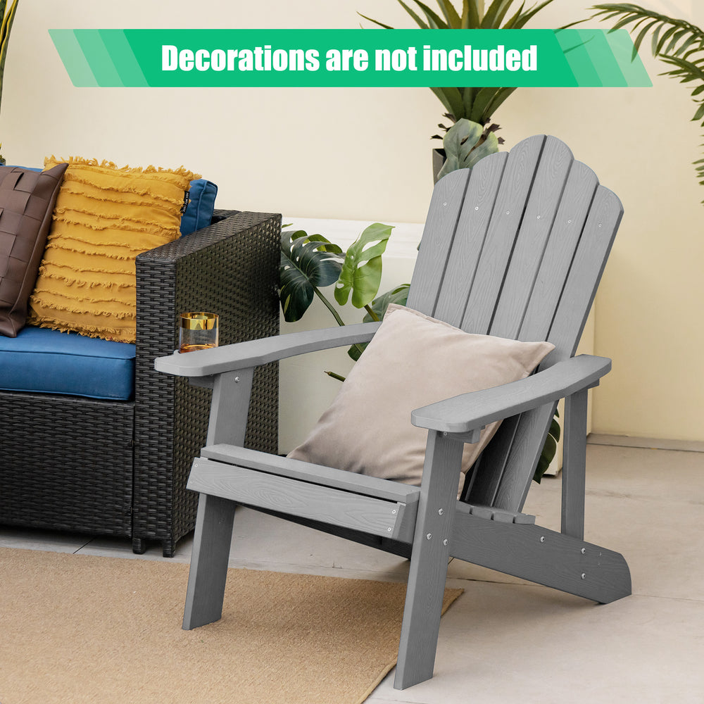 Gray Weather Resistant HIPS Adirondack chair showcasing a wide seat and curved waterfall front for enhanced comfort.