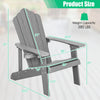 Adirondack chair in gray with dimensions, featuring a cup holder and ergonomic design for outdoor comfort.