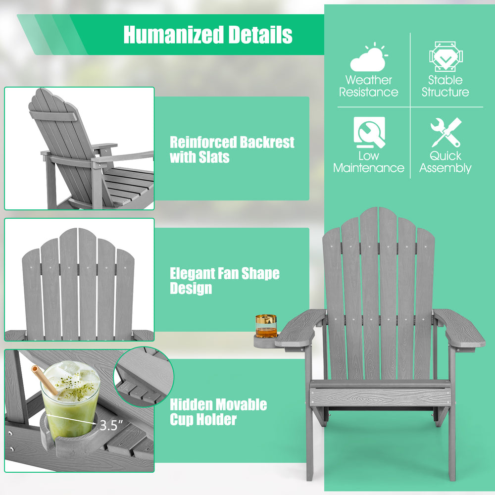 Gray Weather Resistant HIPS Outdoor Adirondack Chair with ergonomic armrests and hidden cup holder for patio relaxation.