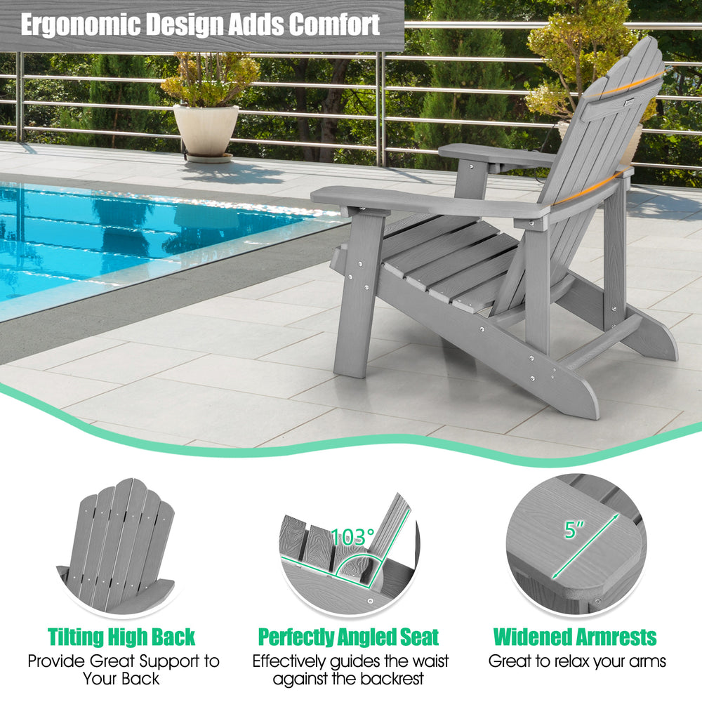 Gray outdoor Adirondack chair with ergonomic design, wide seat, and hidden cup holder, perfect for patio relaxation.