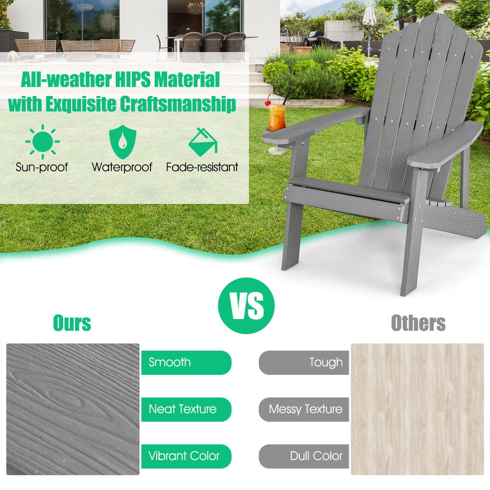 Gray HIPS outdoor Adirondack chair with cup holder, ergonomic armrests, and elegant fan-shape backrest for patio use.