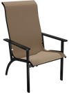 High-back outdoor Adirondack chair in coffee color with metal frame, perfect for patio relaxation and stability.