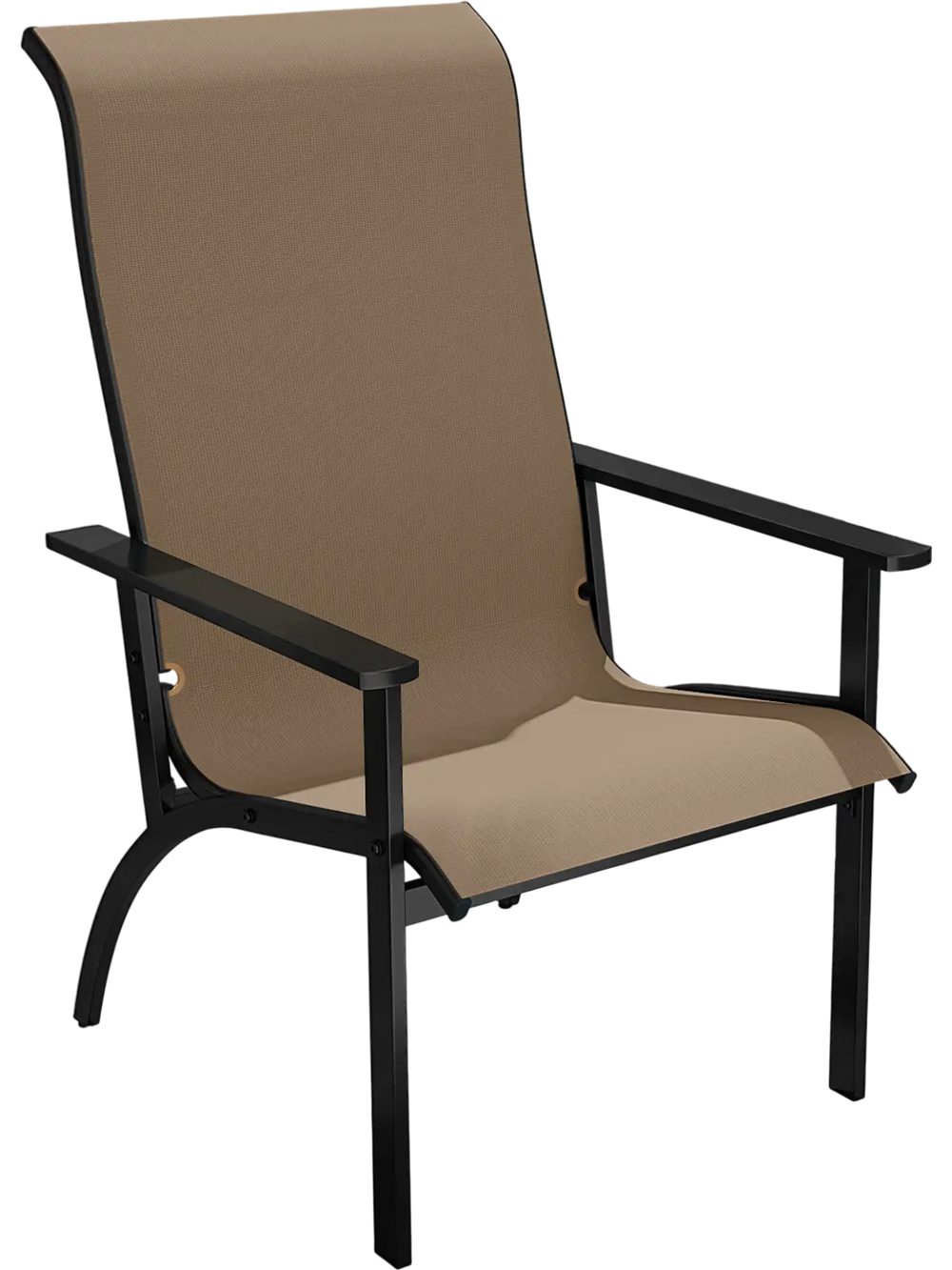 High-back outdoor Adirondack chair in coffee color with metal frame, perfect for patio relaxation and stability.