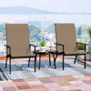 Two outdoor Adirondack chairs with high backs and a metal frame, perfect for patio relaxation and garden use.