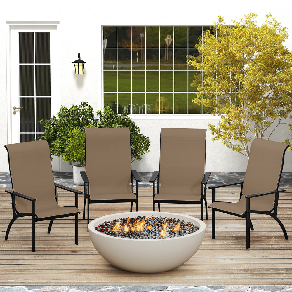 Four outdoor Adirondack chairs with high backs and metal frames arranged around a fire pit on a patio.
