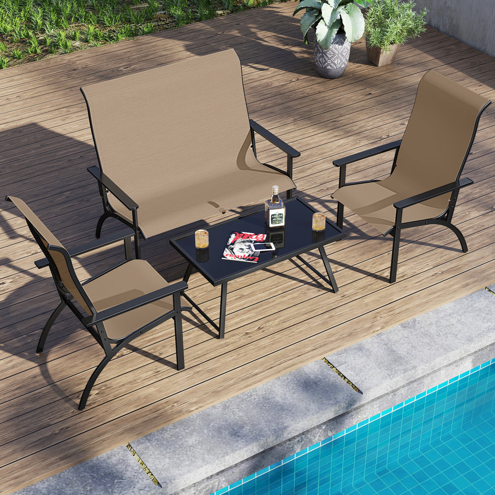 Outdoor Adirondack chair set with high back, metal frame, and breathable fabric, perfect for patio relaxation.