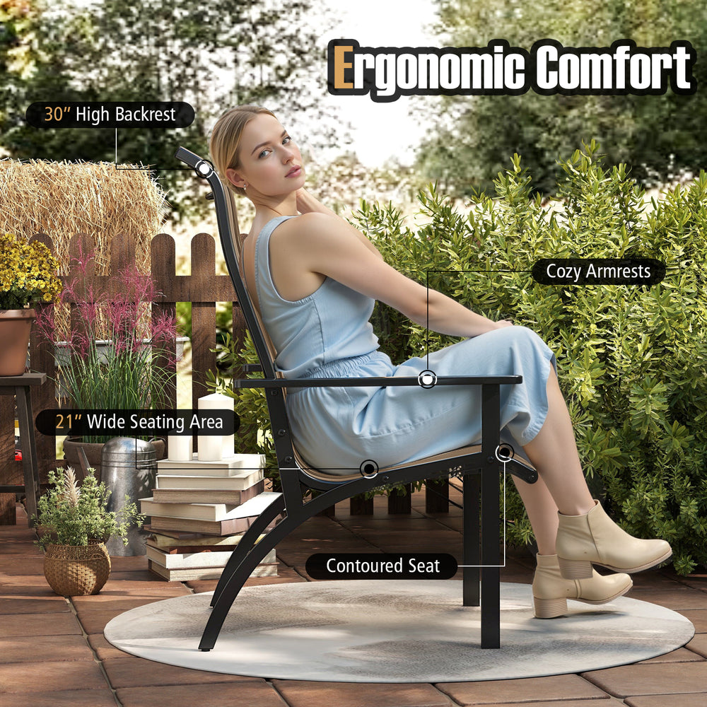 Outdoor Adirondack chair with a 30" high backrest, cozy armrests, and contoured seat for comfortable garden seating.