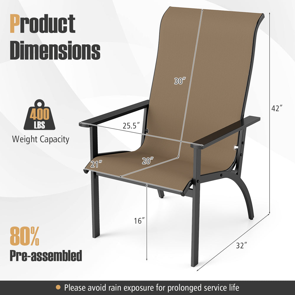 Outdoor Adirondack chair with high back, metal frame, and dimensions for stable seating in patio or garden settings.