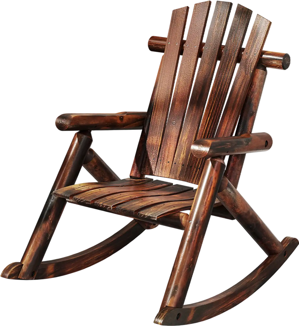 Adirondack rocking chair in brown solid wood, featuring a slatted design for airflow, perfect for outdoor relaxation.