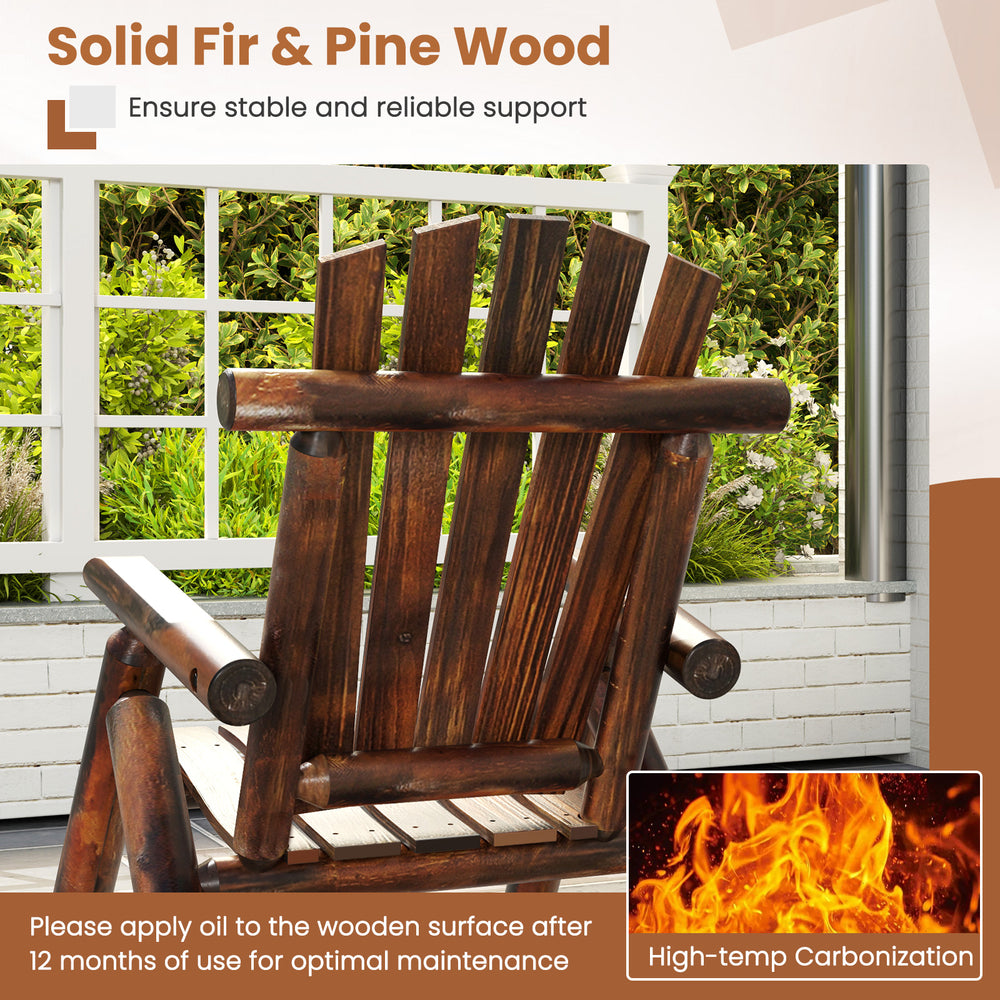 Outdoor Adirondack rocking chair made of solid fir and pine wood, featuring a high backrest for ergonomic support.