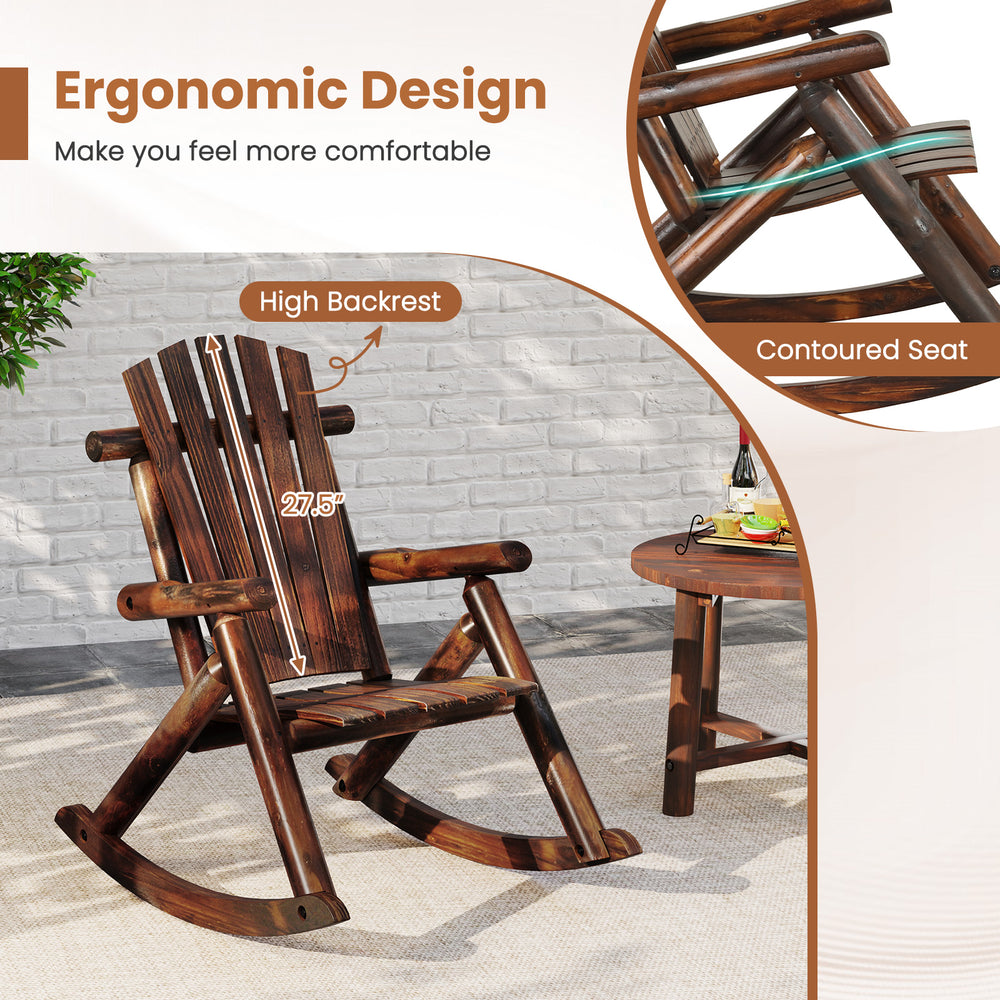 Adirondack rocking chair with high backrest and contoured seat, made of solid wood for outdoor relaxation.